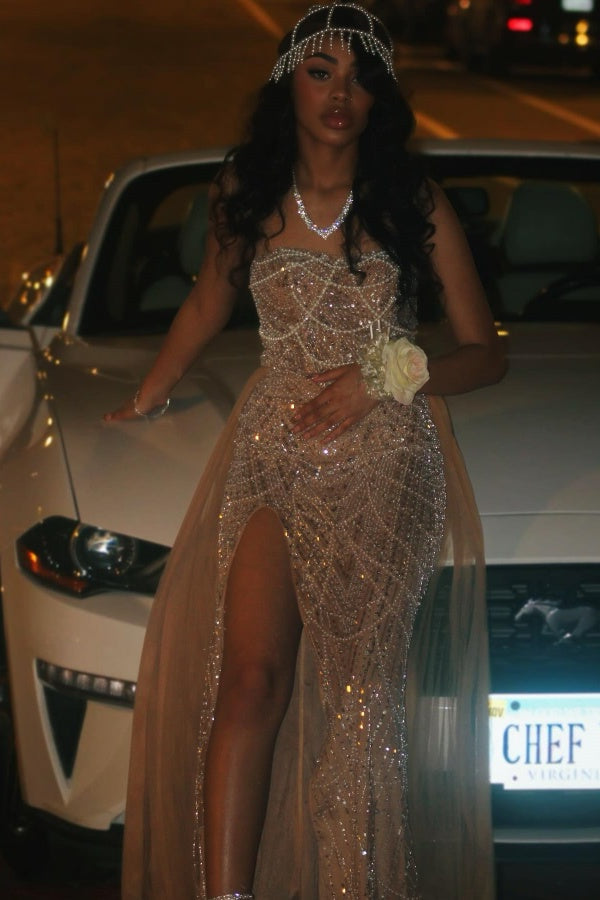 Beaded Formal Dress Strapless Sheath Wedding Party Dress with Panel Train