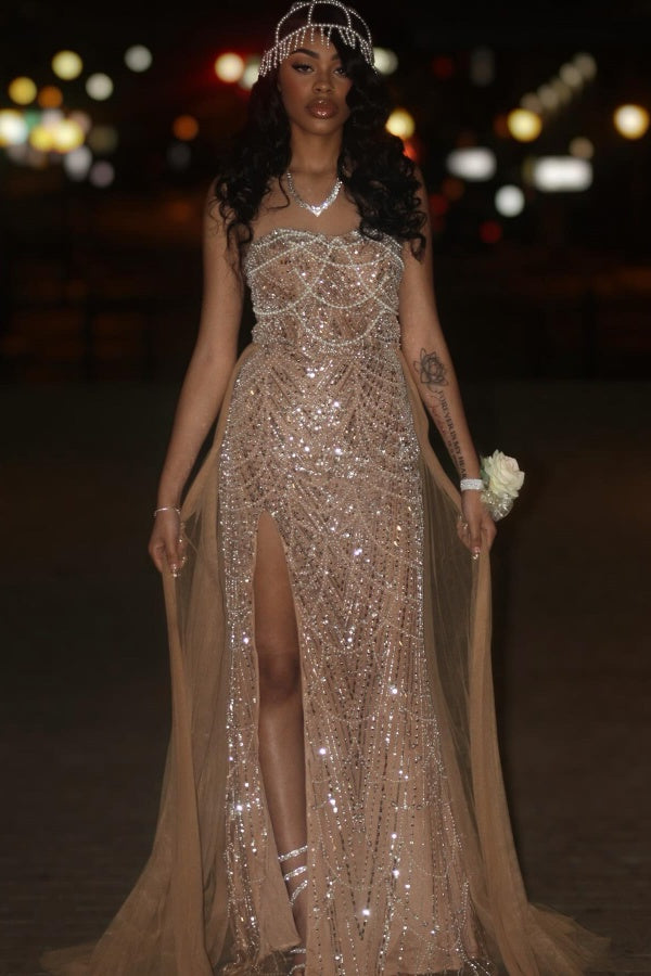 Beaded Formal Dress Strapless Sheath Wedding Party Dress with Panel Train