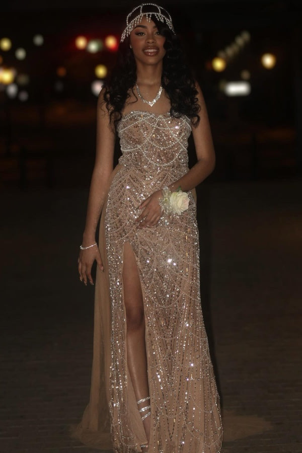 Beaded Formal Dress Strapless Sheath Wedding Party Dress with Panel Train