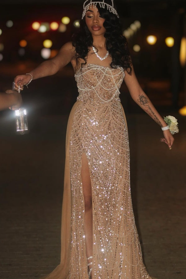 Beaded Formal Dress Strapless Sheath Wedding Party Dress with Panel Train