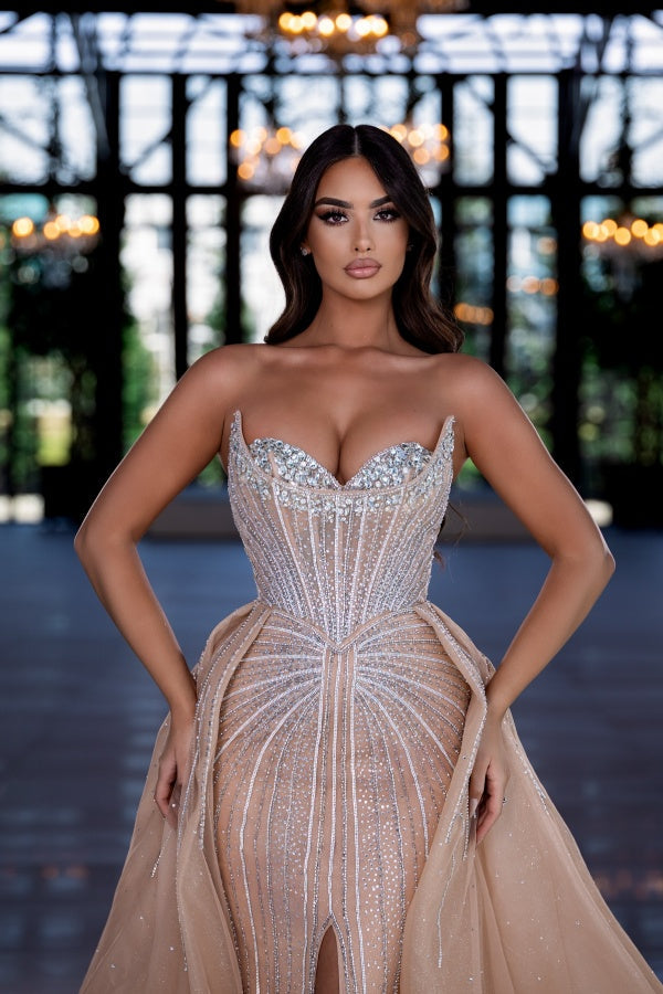 Beaded Formal Dress Sweetheart Chamapgne Panel Train Prom Evening Gown
