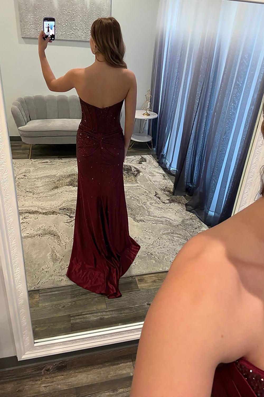 Beaded Mermaid Prom Dress Satin Corset Maroon Long Formal Dress With Slit