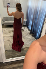 Beaded Mermaid Prom Dress Satin Corset Maroon Long Formal Dress With Slit