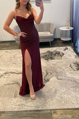 Beaded Mermaid Prom Dress Satin Corset Maroon Long Formal Dress With Slit