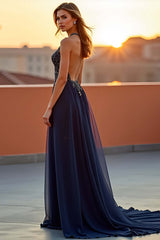 Beaded Navy Wedding Guest Dress Halter Long Formal Dress With Embroideries