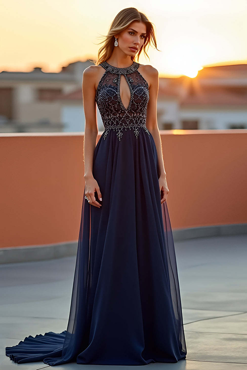 Beaded Navy Wedding Guest Dress Halter Long Formal Dress With Embroideries