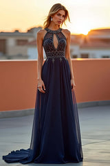 Beaded Navy Wedding Guest Dress Halter Long Formal Dress With Embroideries