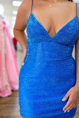 Beaded Royal Blue Homecoming Dress Spaghetti Straps Tight Short Prom Dress