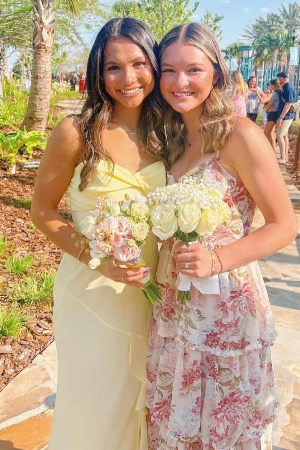 Beautiful A Line Spaghetti Straps Yellow Long Prom Dress With Split Front Formal Evening Gown