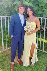 Beautiful A Line Spaghetti Straps Yellow Long Prom Dress With Split Front Formal Evening Gown