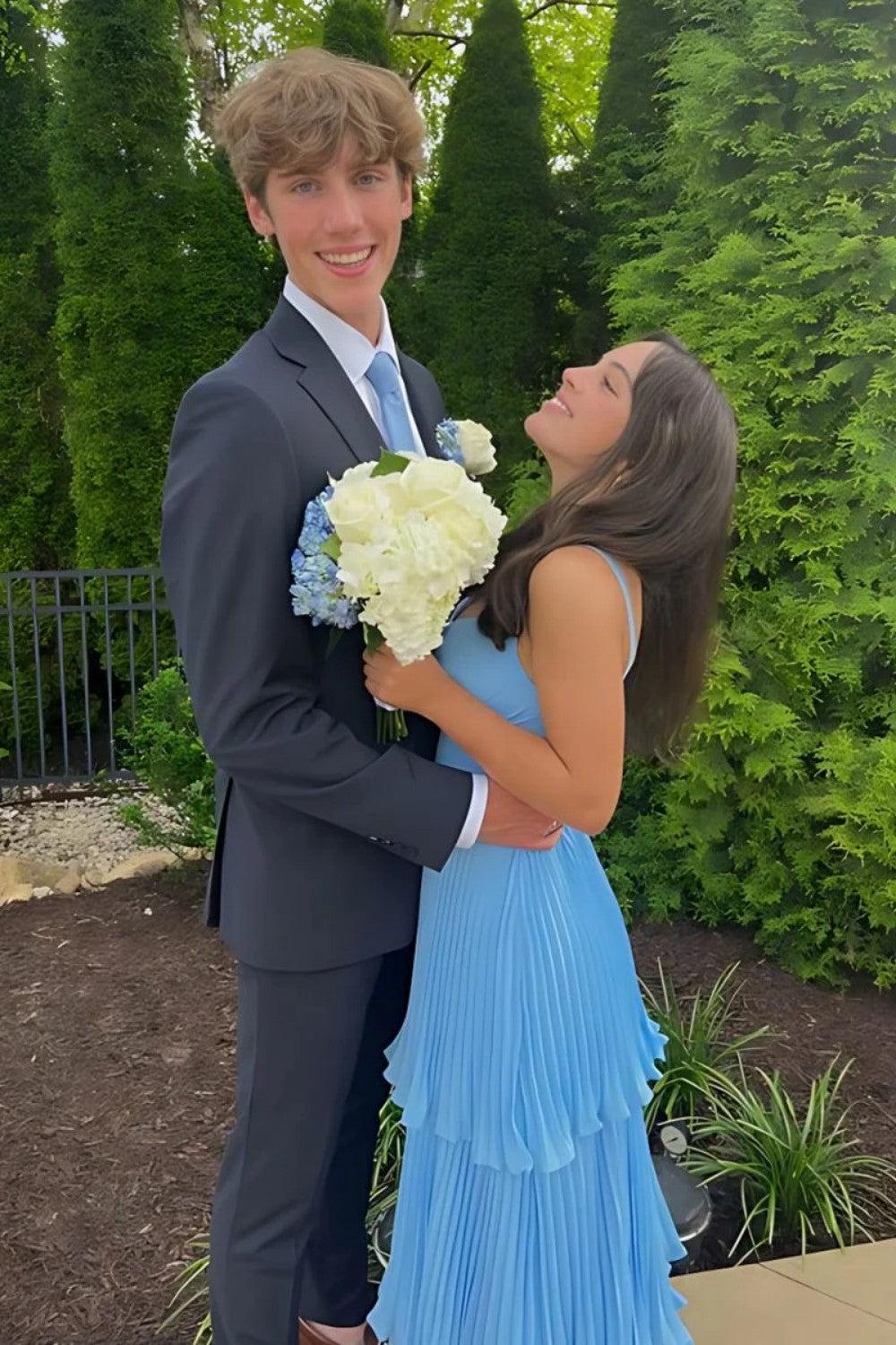 Beautiful A Line Sweetheart Blue Long Prom Dress With Ruffles Formal Evening Gown