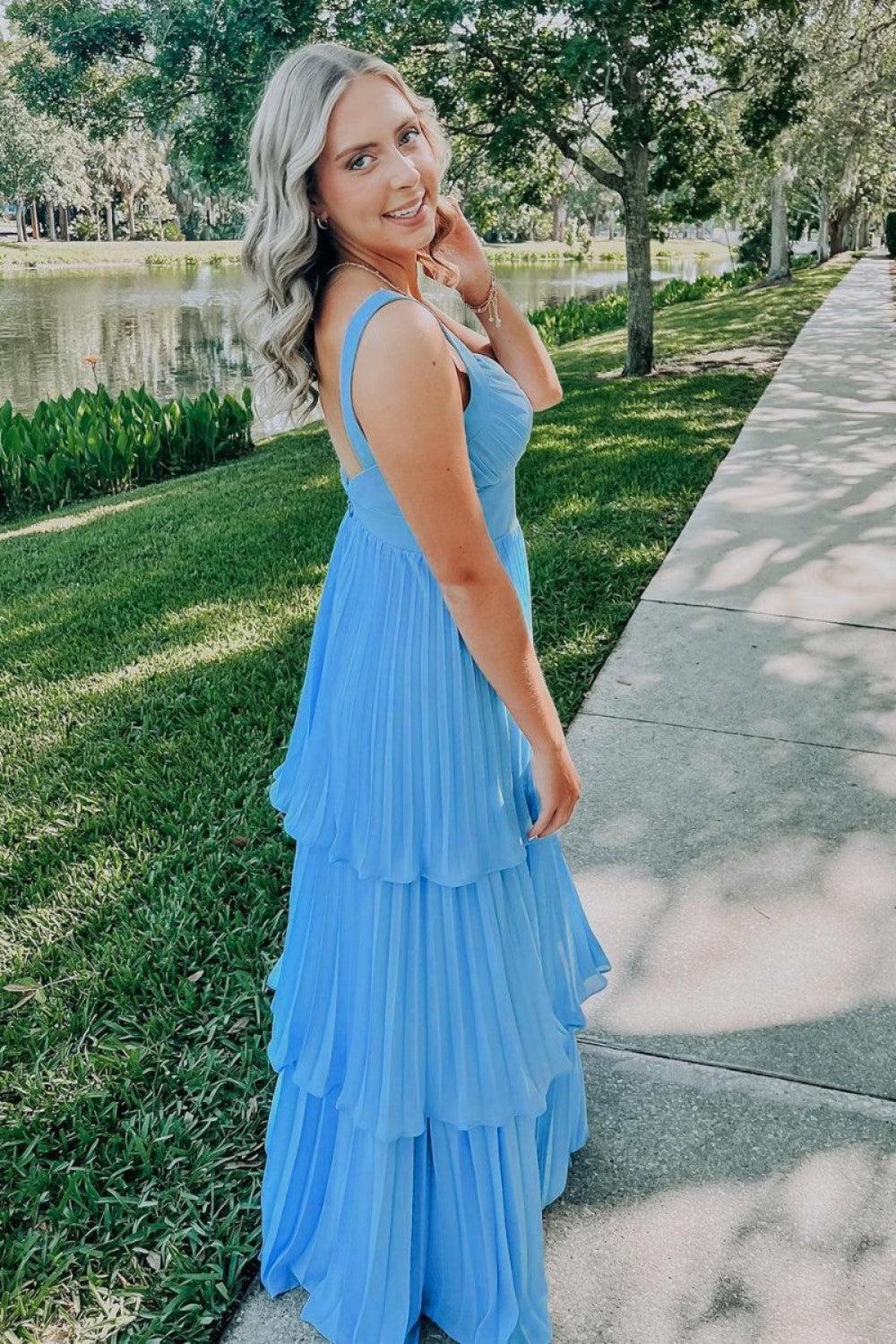 Beautiful A Line Sweetheart Blue Long Prom Dress With Ruffles Formal Evening Gown