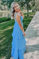 Beautiful A Line Sweetheart Blue Long Prom Dress With Ruffles Formal Evening Gown