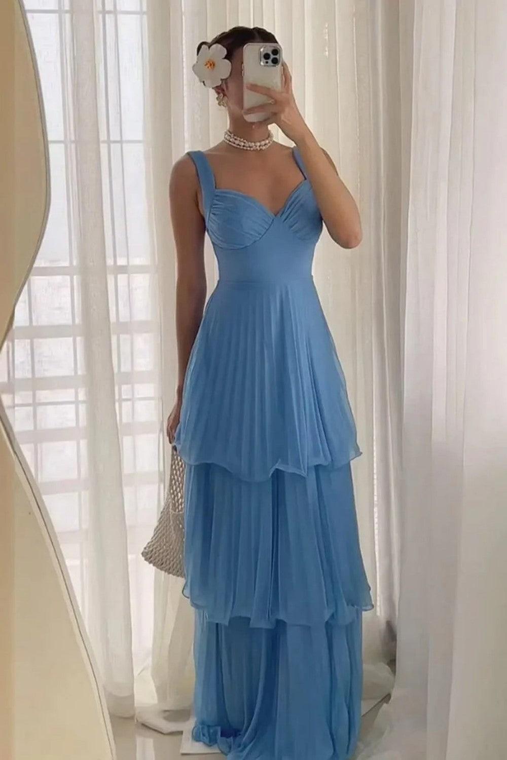 Beautiful A Line Sweetheart Blue Long Prom Dress With Ruffles Formal Evening Gown