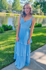 Beautiful A Line Sweetheart Blue Long Prom Dress With Ruffles Formal Evening Gown