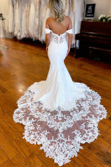 Beautiful White Boho Wedding Dress Mermaid Off the Shoulder Long Bridal Gown with Lace