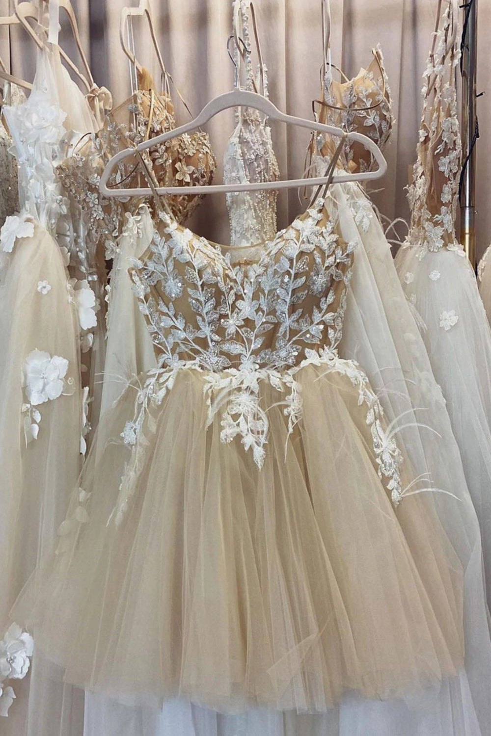 Beige Spaghetti Straps Cocktail Party Dresses With Appliques