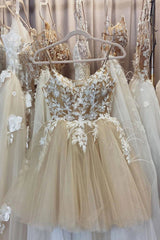 Beige Spaghetti Straps Cocktail Party Dresses With Appliques