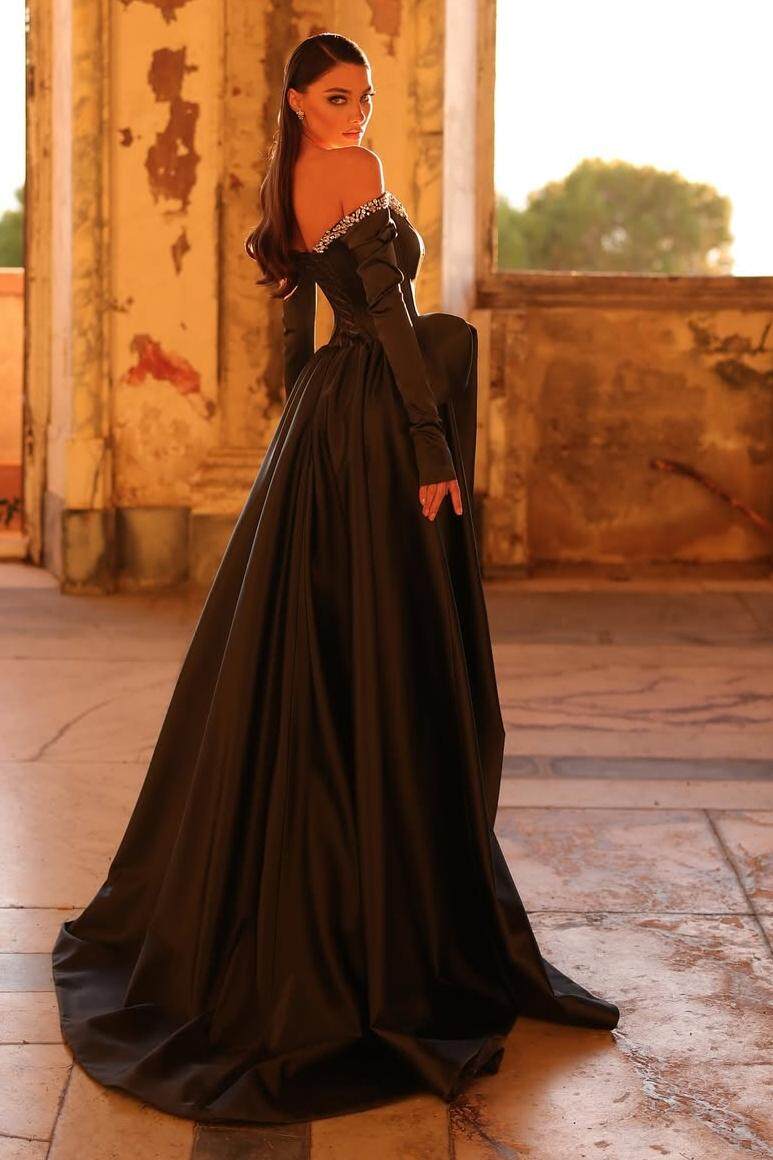 Black A Line Prom Dress Long Sleeve Off the Shoulder Beaded Formal Dress