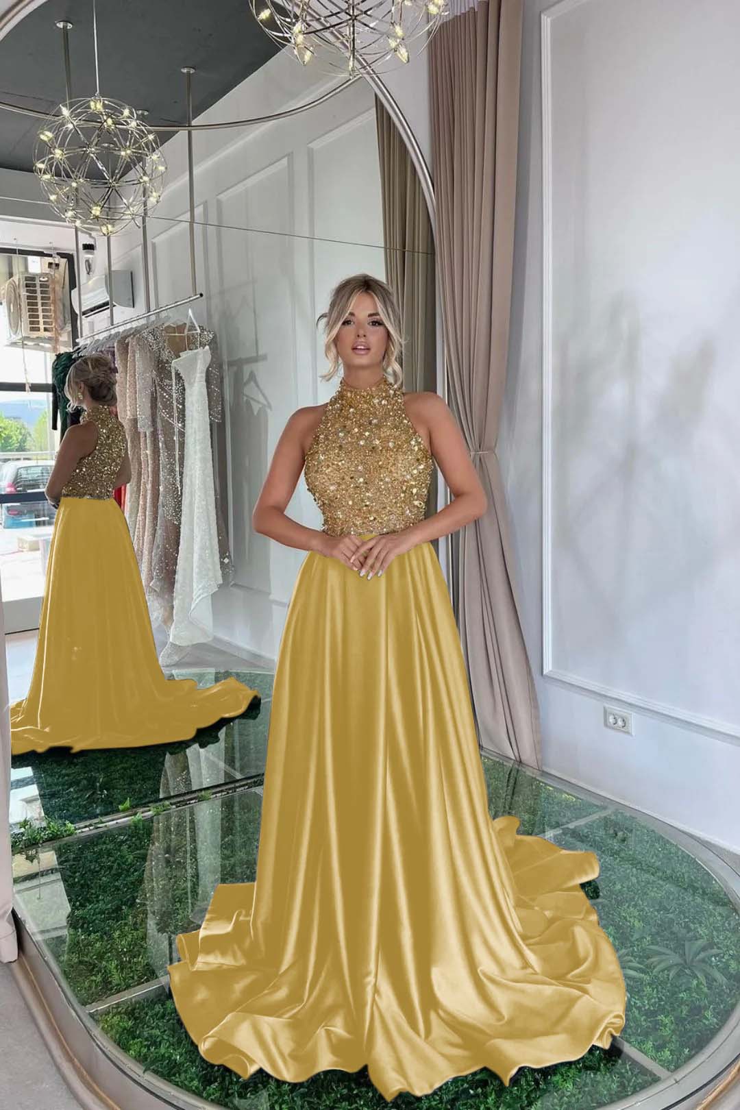 Black A Line Prom Dress Sleeveless High Neck Beaded Formal Dress