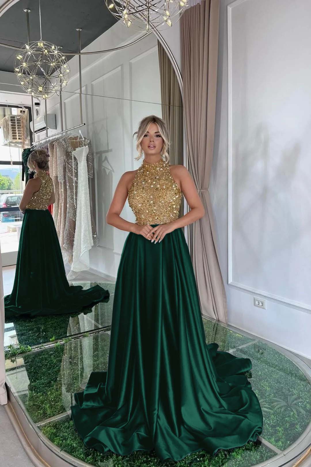 Black A Line Prom Dress Sleeveless High Neck Beaded Formal Dress