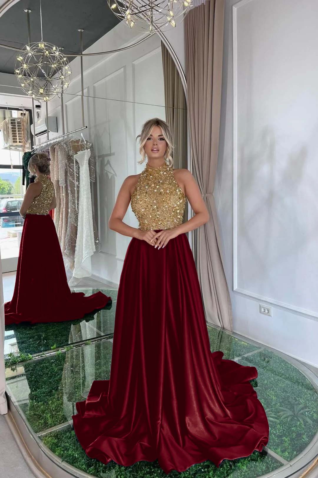 Black A Line Prom Dress Sleeveless High Neck Beaded Formal Dress