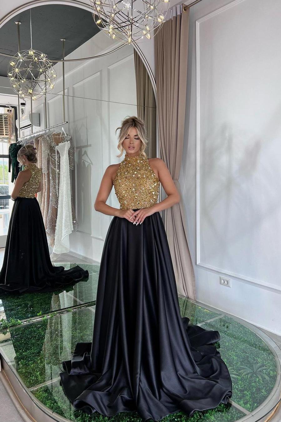 Black A Line Prom Dress Sleeveless High Neck Beaded Formal Dress