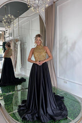 Black A Line Prom Dress Sleeveless High Neck Beaded Formal Dress