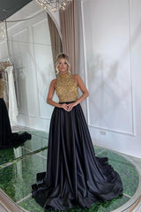 Black A Line Prom Dress Sleeveless High Neck Beaded Formal Dress