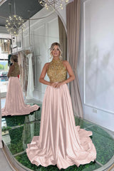 Black A Line Prom Dress Sleeveless High Neck Beaded Formal Dress