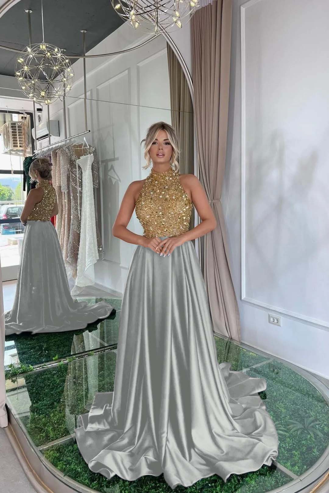 Black A Line Prom Dress Sleeveless High Neck Beaded Formal Dress