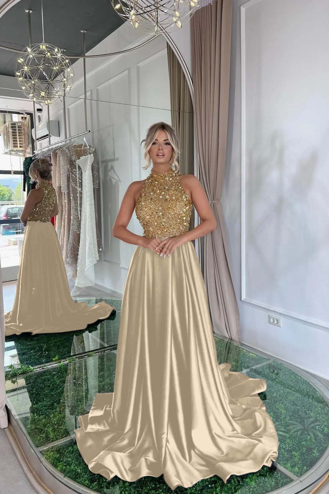 Black A Line Prom Dress Sleeveless High Neck Beaded Formal Dress