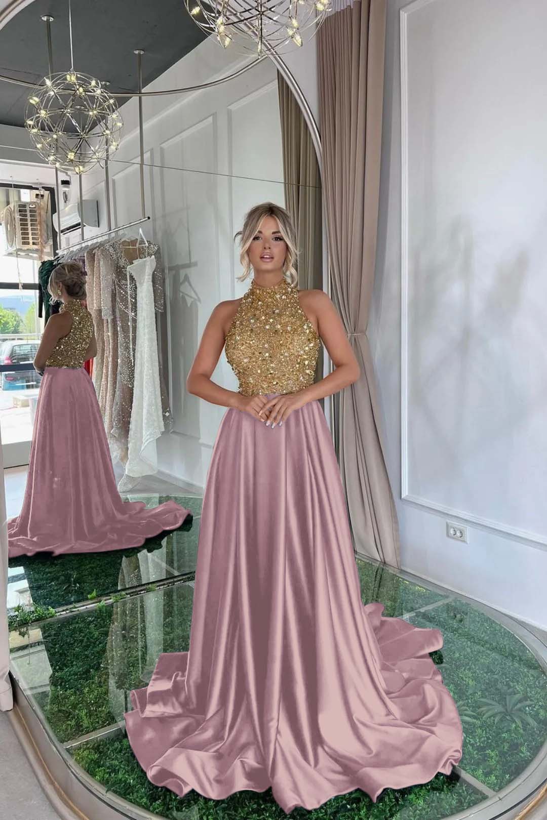 Black A Line Prom Dress Sleeveless High Neck Beaded Formal Dress