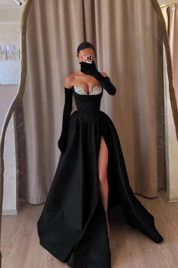 Black A Line Prom Dress Sleeveless Sweetheart Beaded Formal Dress