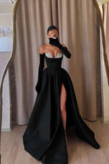 Black A Line Prom Dress Sleeveless Sweetheart Beaded Formal Dress