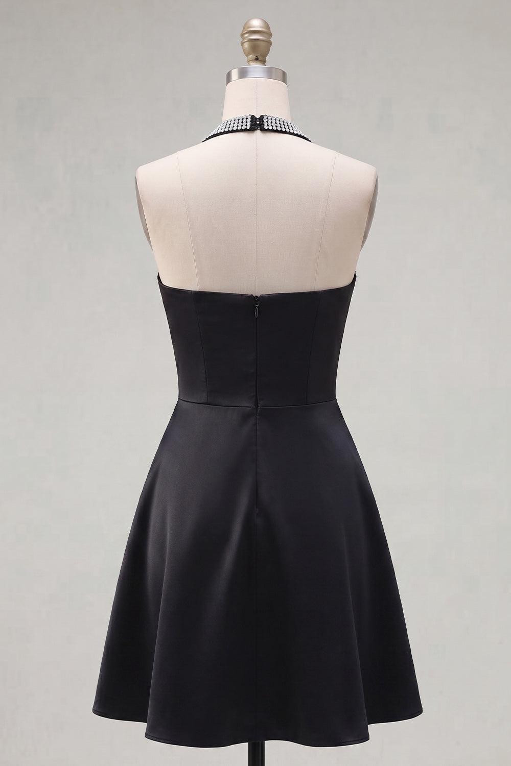 Black A Line Short Halter Homecoming Dress with Beading