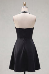 Black A Line Short Halter Homecoming Dress with Beading