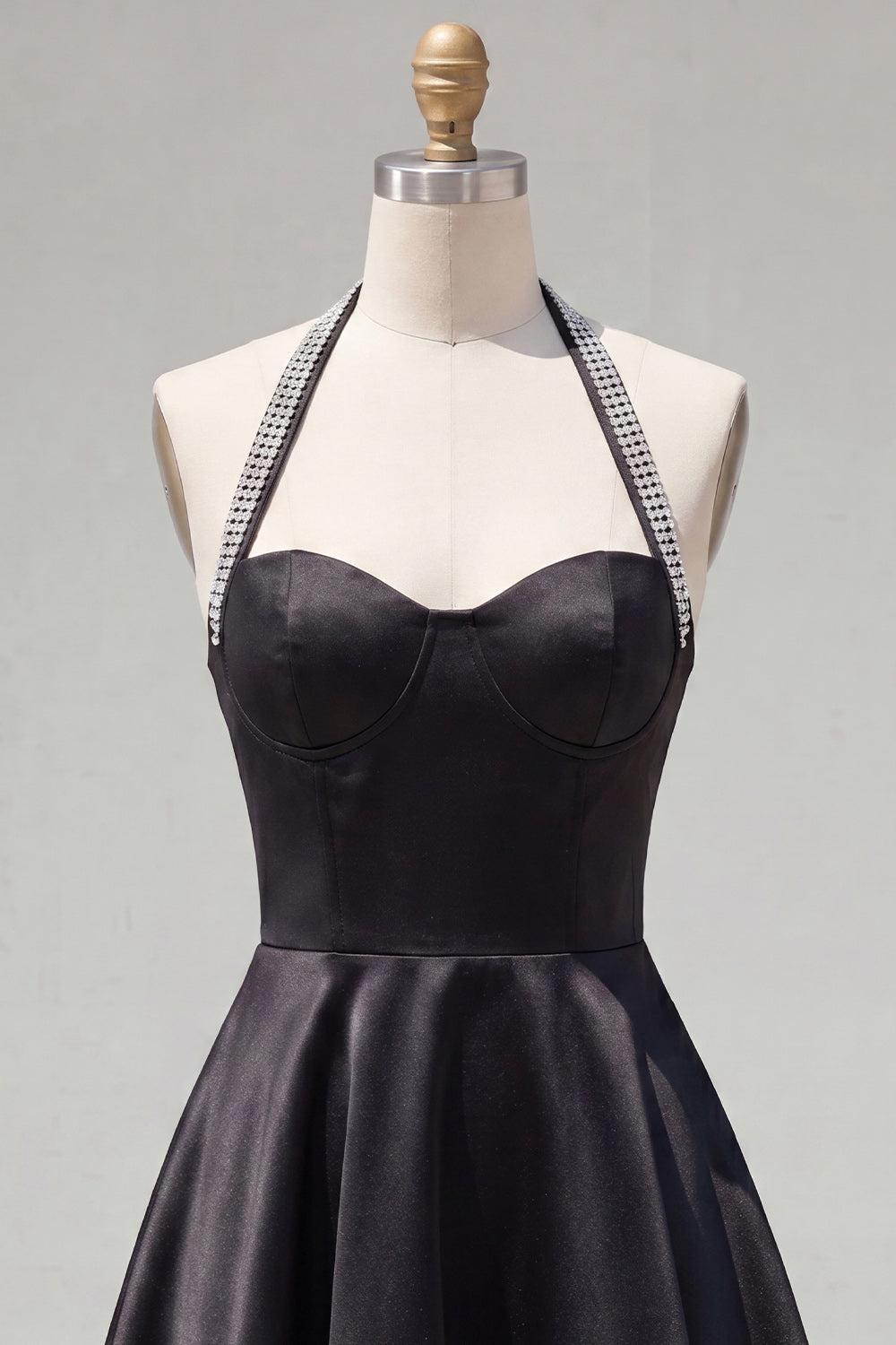 Black A Line Short Halter Homecoming Dress with Beading