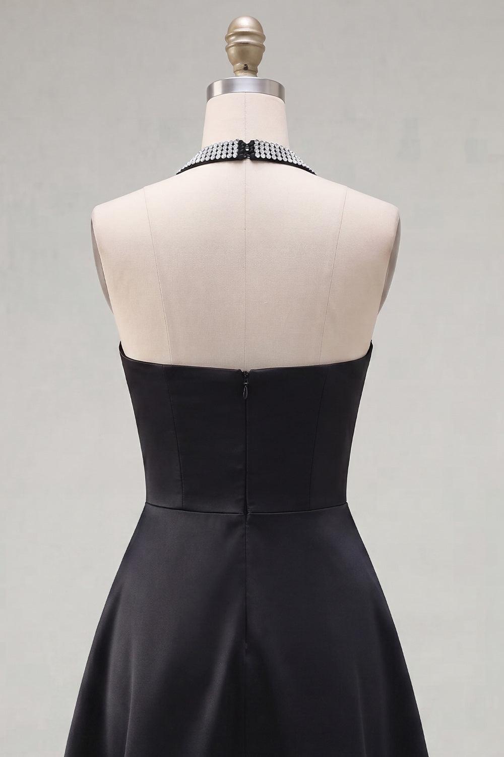 Black A Line Short Halter Homecoming Dress with Beading