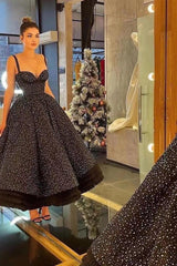 Black Ball Gown Prom Dress Sleeveless Spaghetti Straps Tea Length Sequined Formal Dress