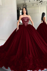 Black Ball Gown Prom Dress Sleeveless Strapless Formal Dress With Lace Appliques