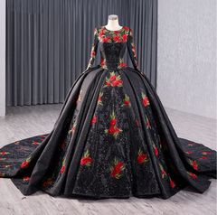 Black Ball Gown Quinceanera Dress Long Sleeves Red Rose Sweet 16 Dress
