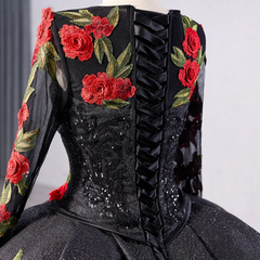 Black Ball Gown Quinceanera Dress Long Sleeves Red Rose Sweet 16 Dress