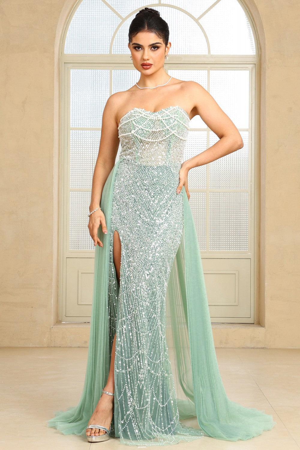 Black Beaded Formal Dress Strapless Sheath Wedding Party Dress with Panel Train