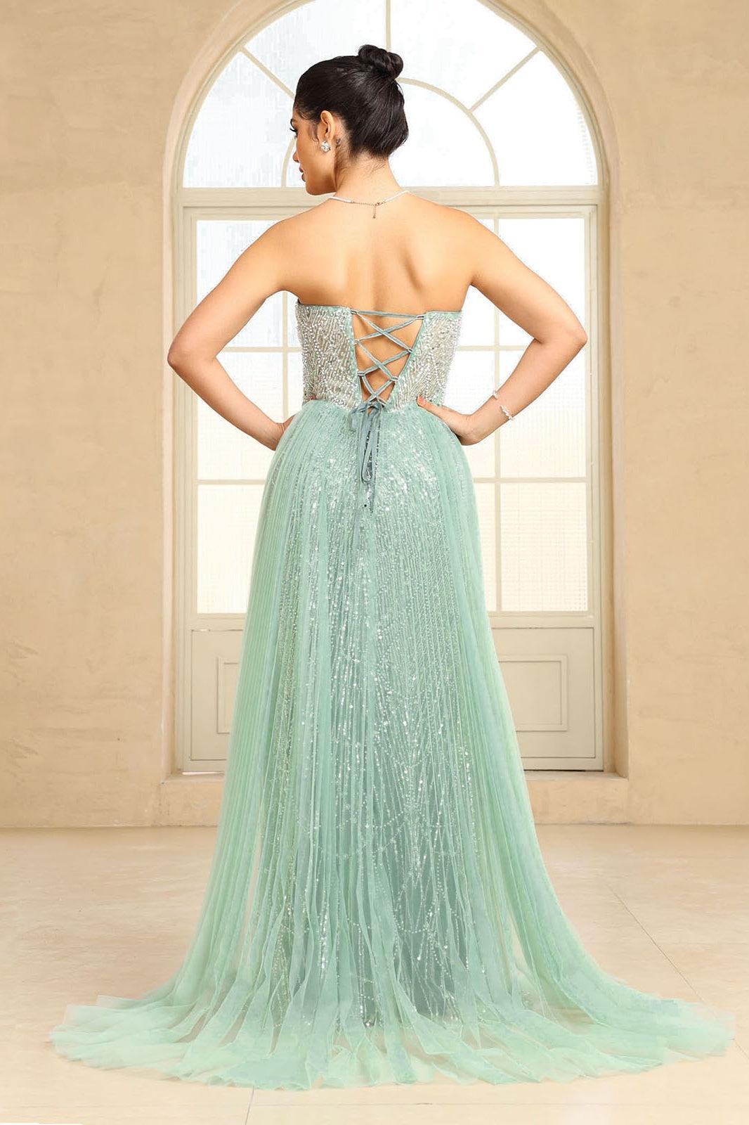 Black Beaded Formal Dress Strapless Sheath Wedding Party Dress with Panel Train
