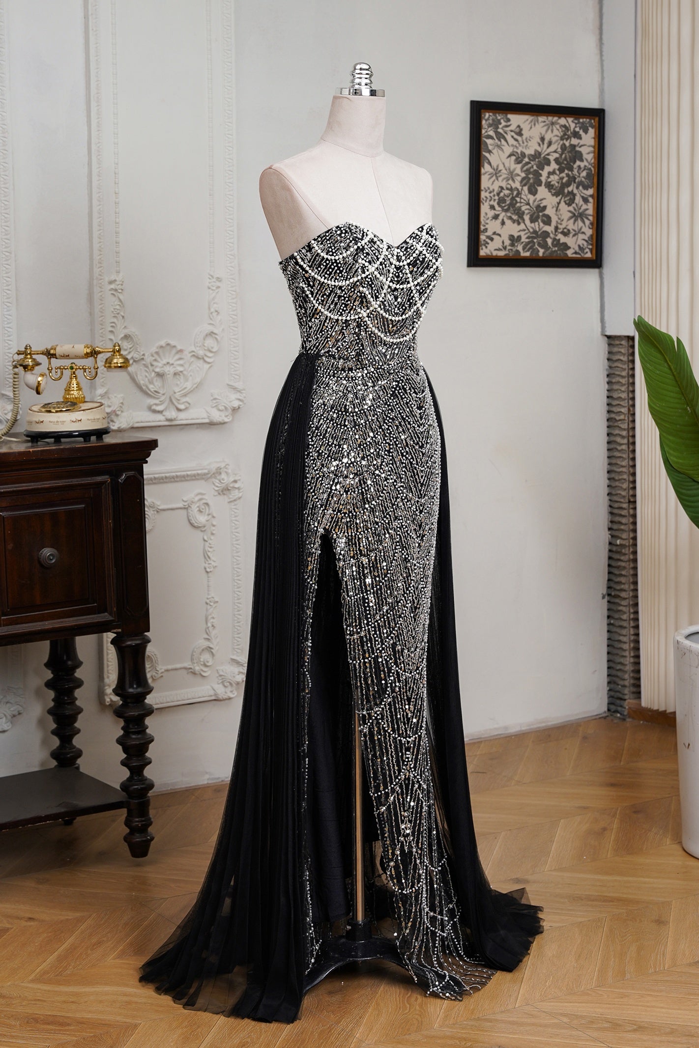 Black Beaded Formal Dress Strapless Sheath Wedding Party Dress with Panel Train