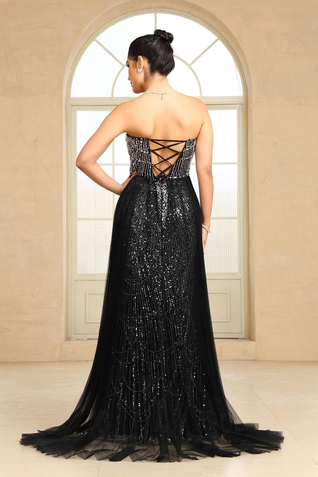 Black Beaded Formal Dress Strapless Sheath Wedding Party Dress with Panel Train