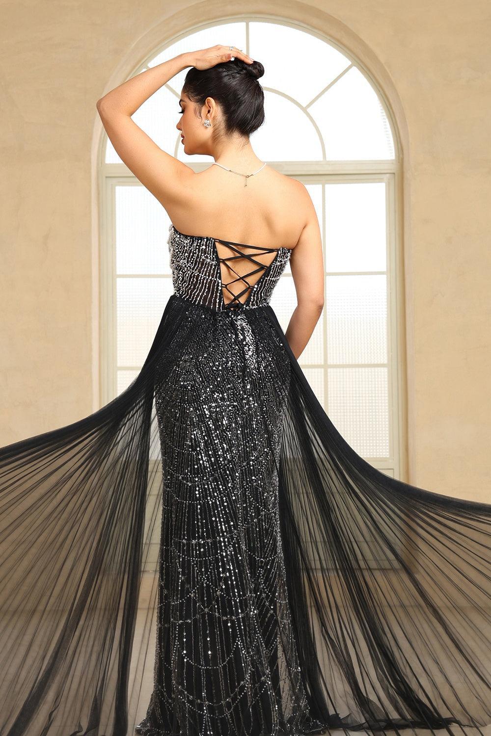 Black Beaded Formal Dress Strapless Sheath Wedding Party Dress with Panel Train