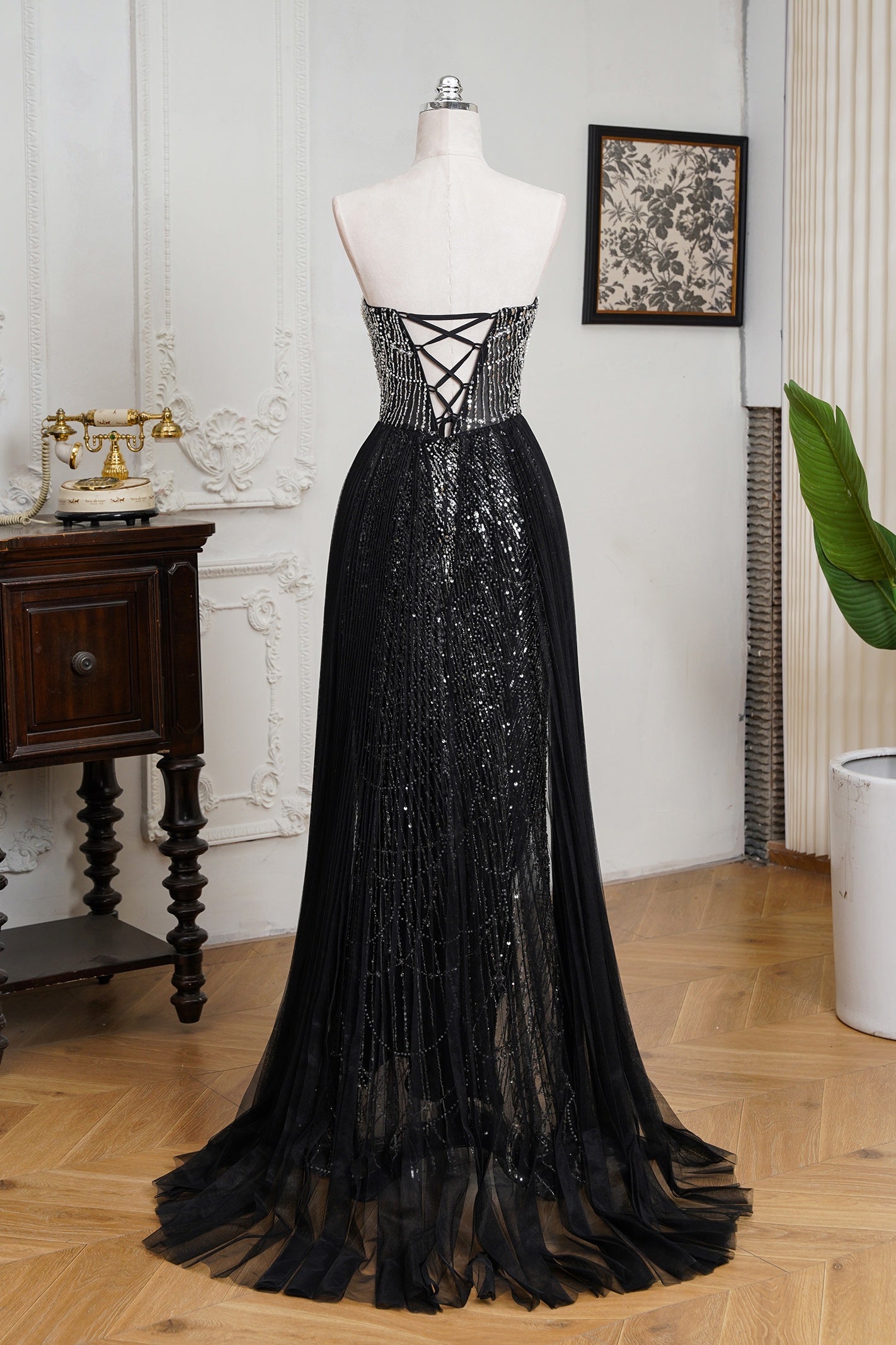 Black Beaded Formal Evening Dress Strapless Sheath Prom Wedding Party Dress with Panel Train