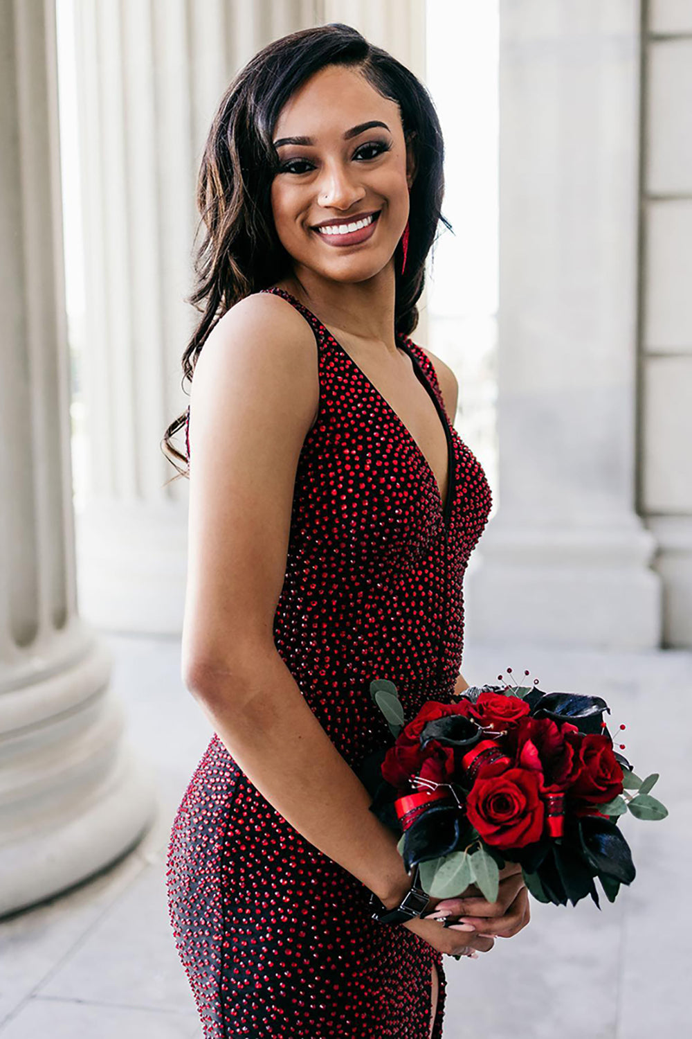 Black Burgundy Prom Dress Mermaid Beaded Formal Dress